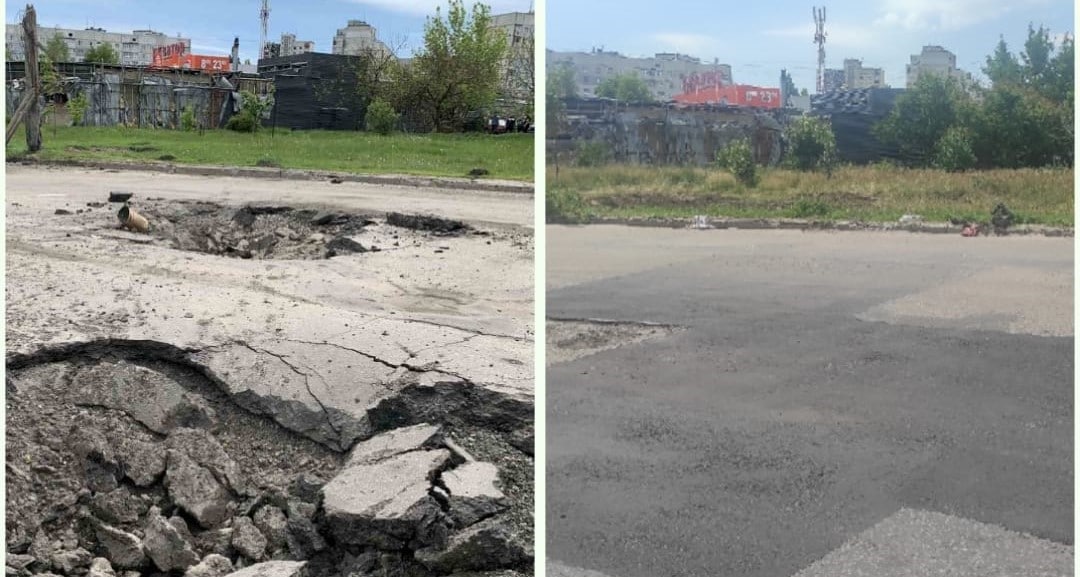 Разбитую снарядами улицу восстановили дорожники Харькова